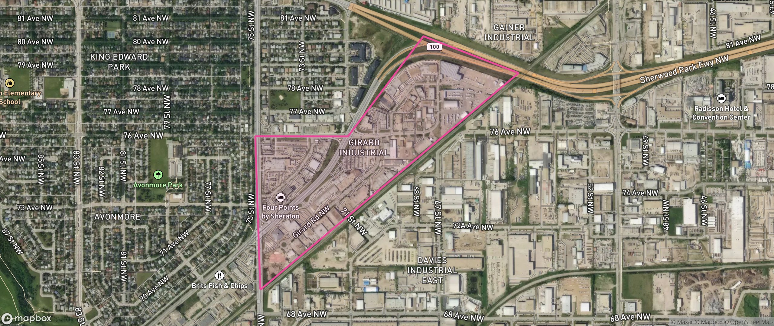 Map of Girard Industrial, Edmonton showing the community boundary