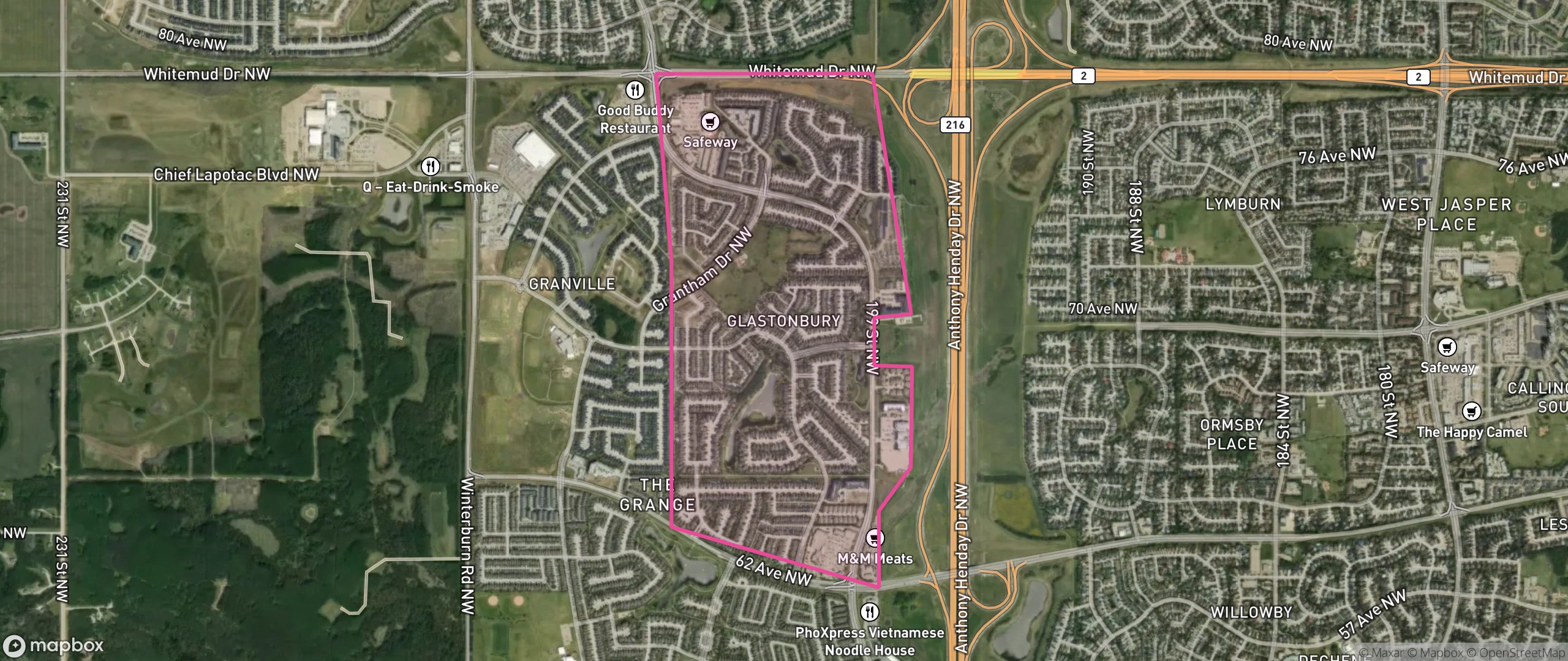 Map of Glastonbury, Edmonton showing the community boundary