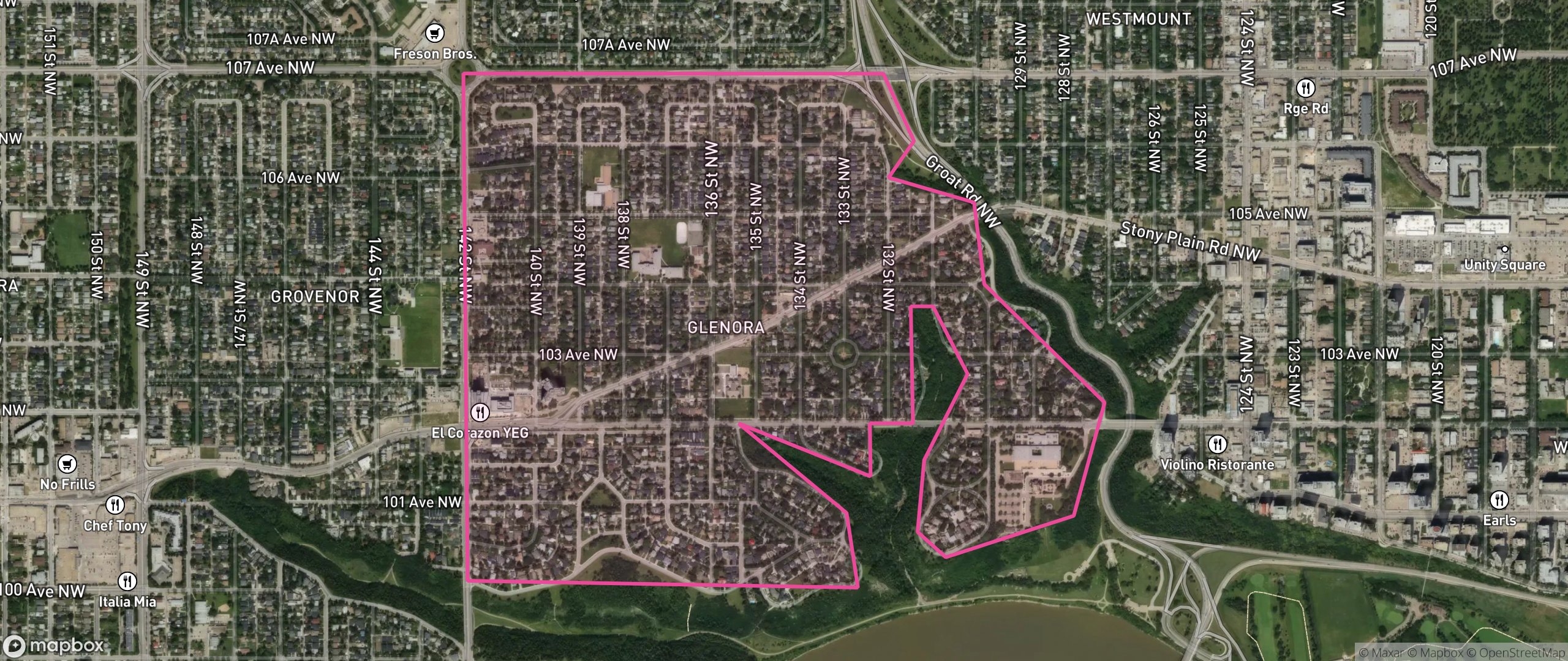 Map of Glenora, Edmonton showing the community boundary