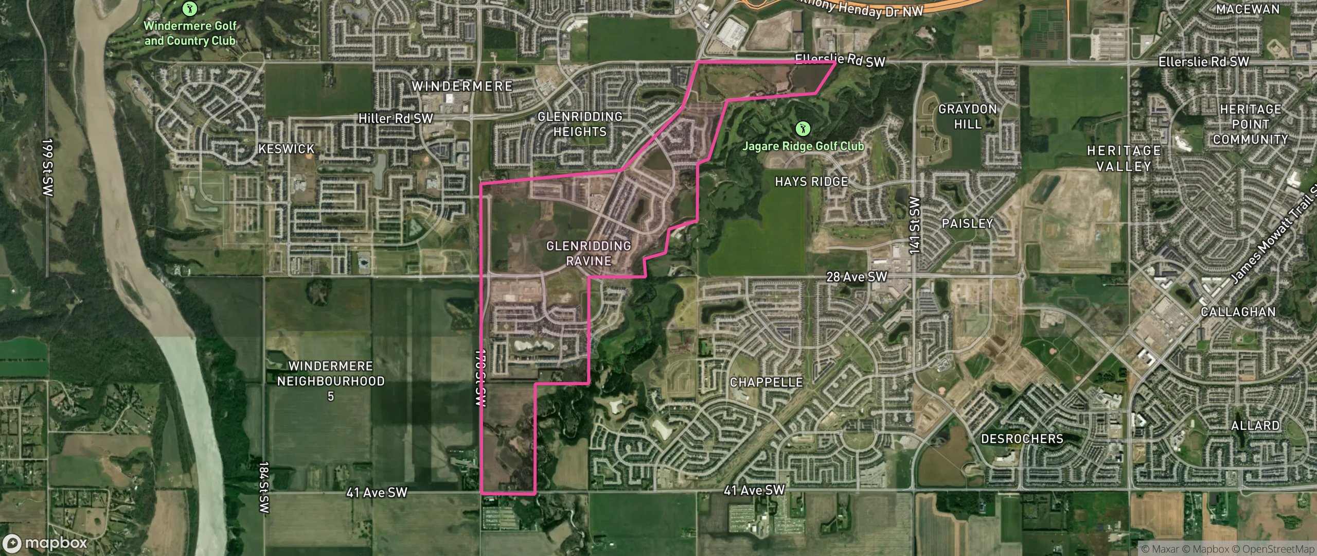Map of Glenridding Ravine, Edmonton showing the community boundary