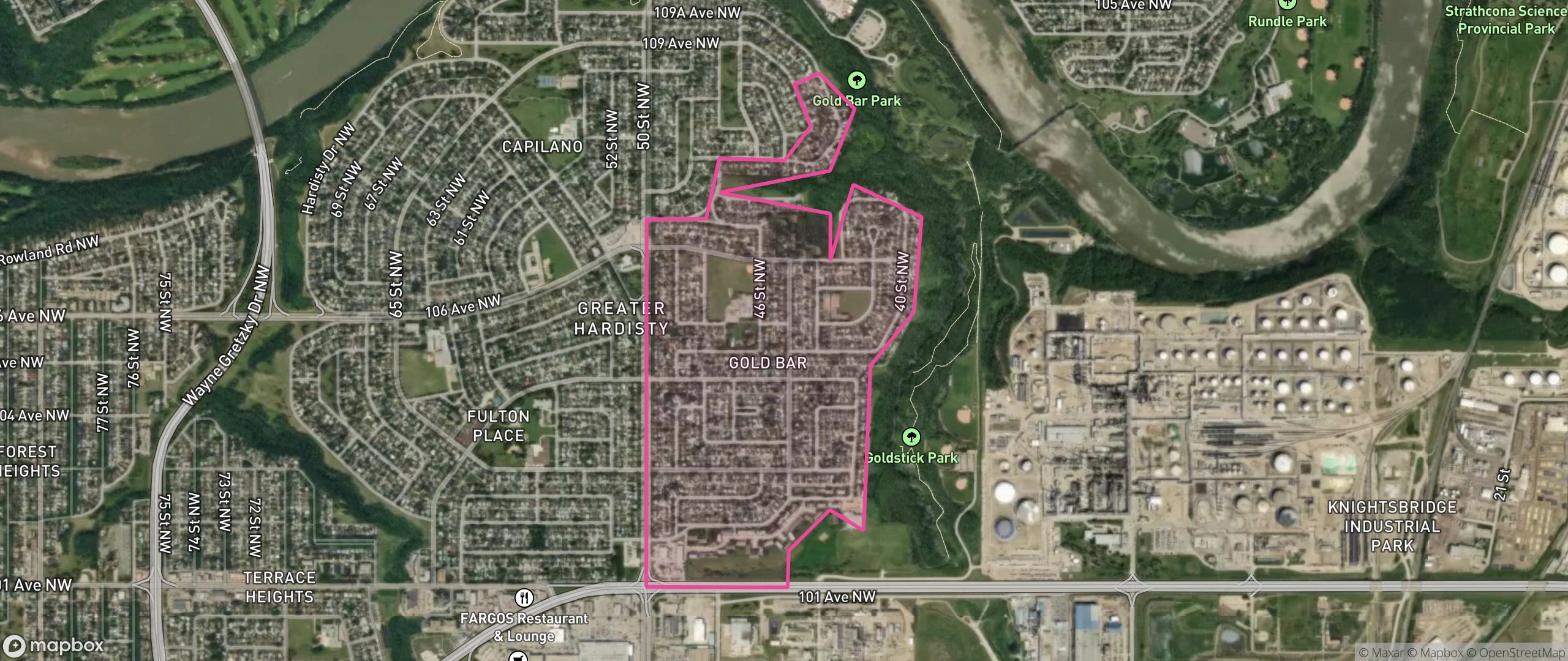 Map of Gold Bar, Edmonton showing the community boundary