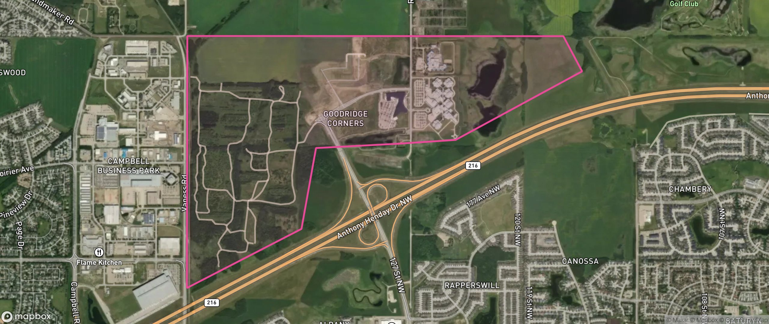 Map of Goodridge Corners, Edmonton showing the community boundary