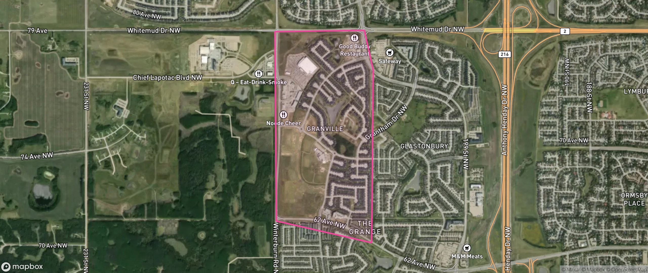 Map of Granville, Edmonton showing the community boundary