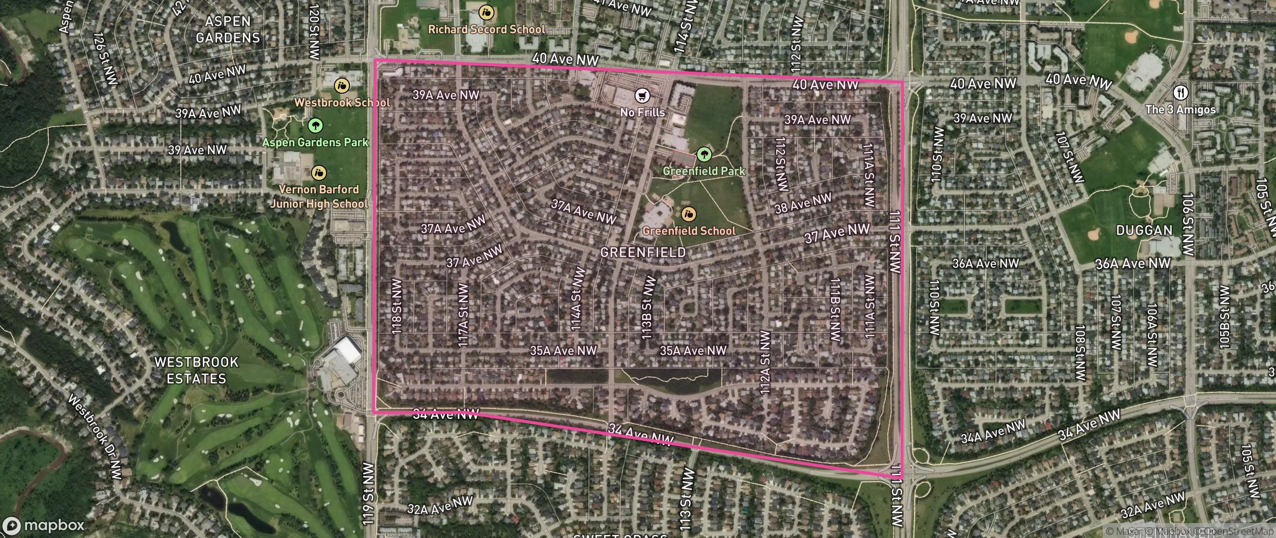 Map of Greenfield, Edmonton showing the community boundary