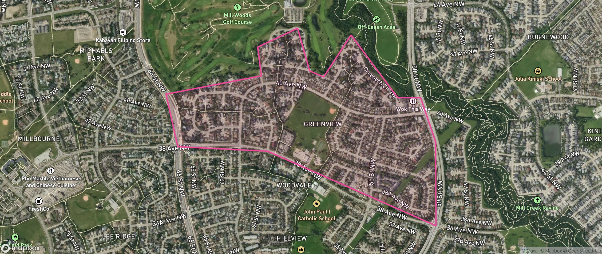 Map of Greenview, Edmonton showing the community boundary