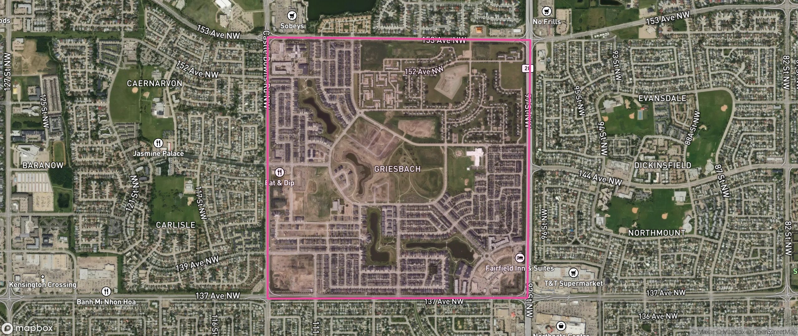 Map of Griesbach, Edmonton showing the community boundary
