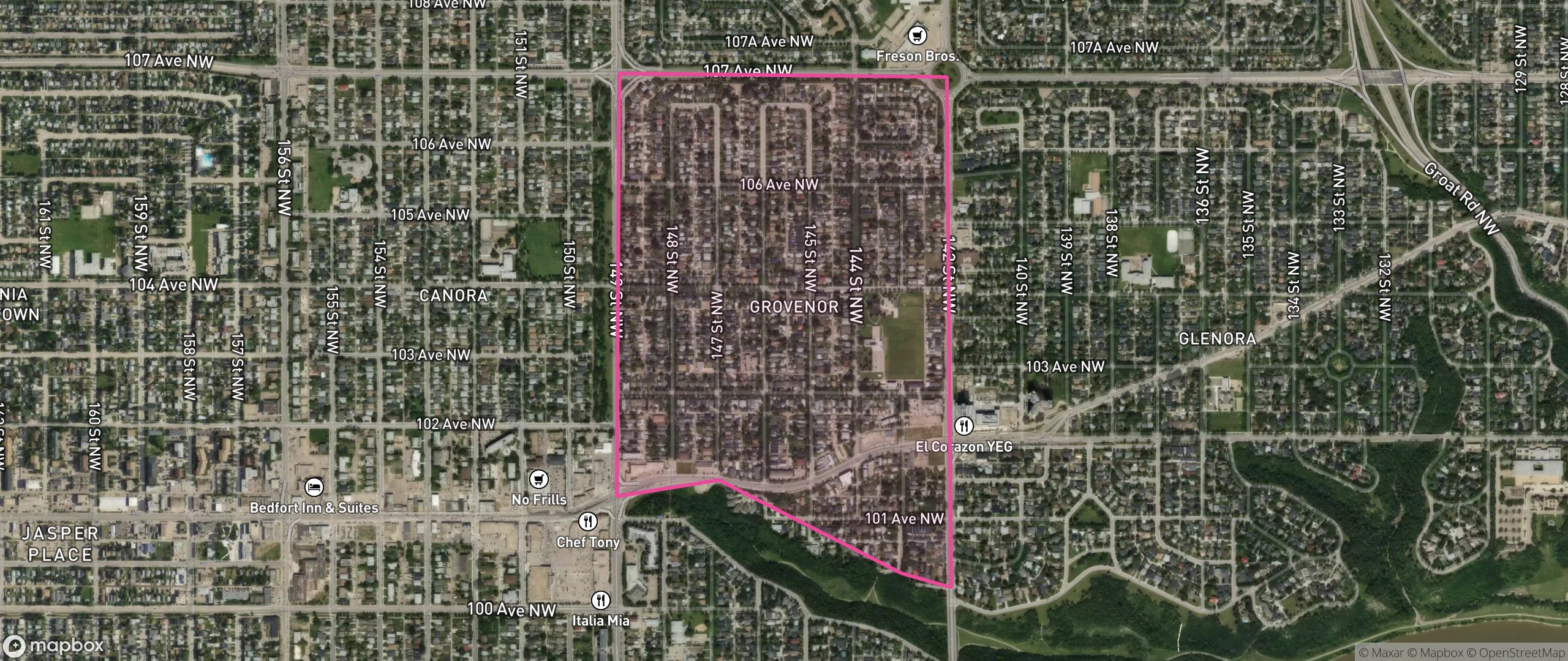 Map of Grovenor, Edmonton showing the community boundary