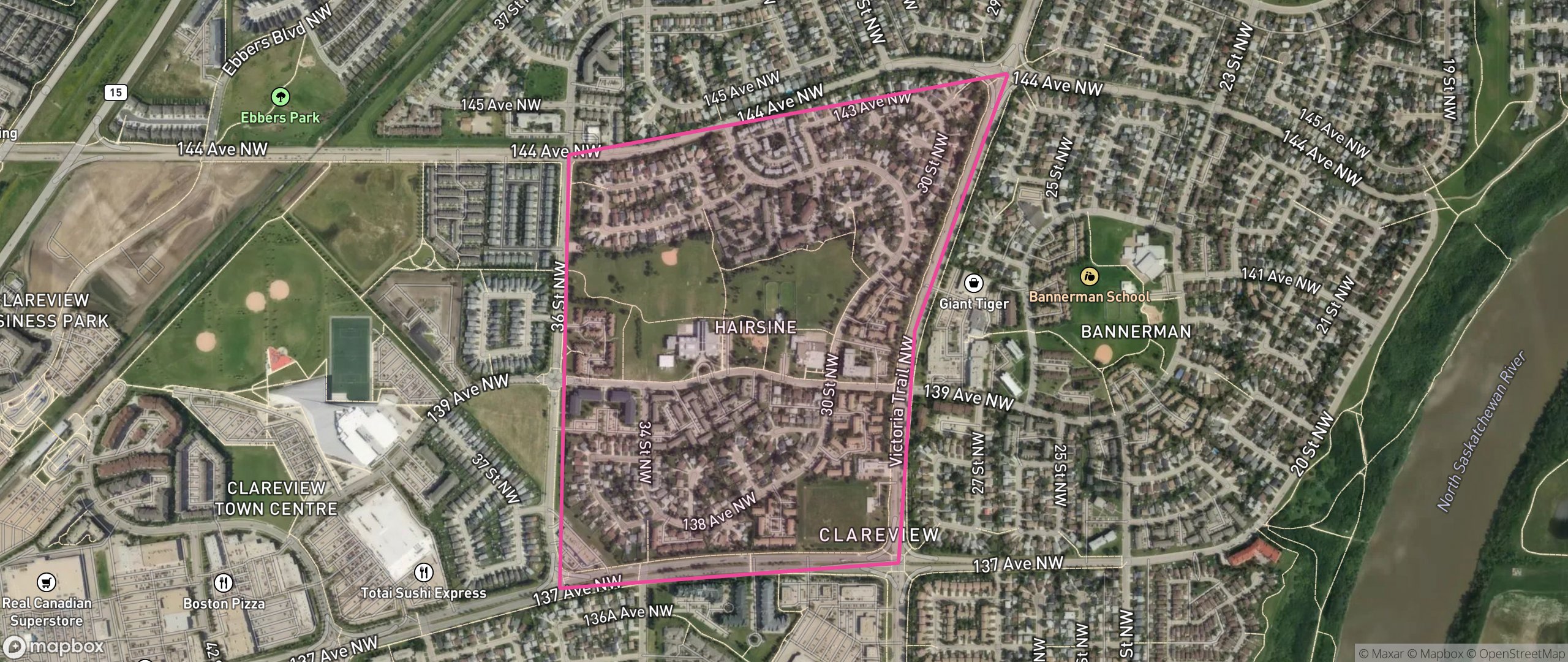 Map of Hairsine, Edmonton showing the community boundary