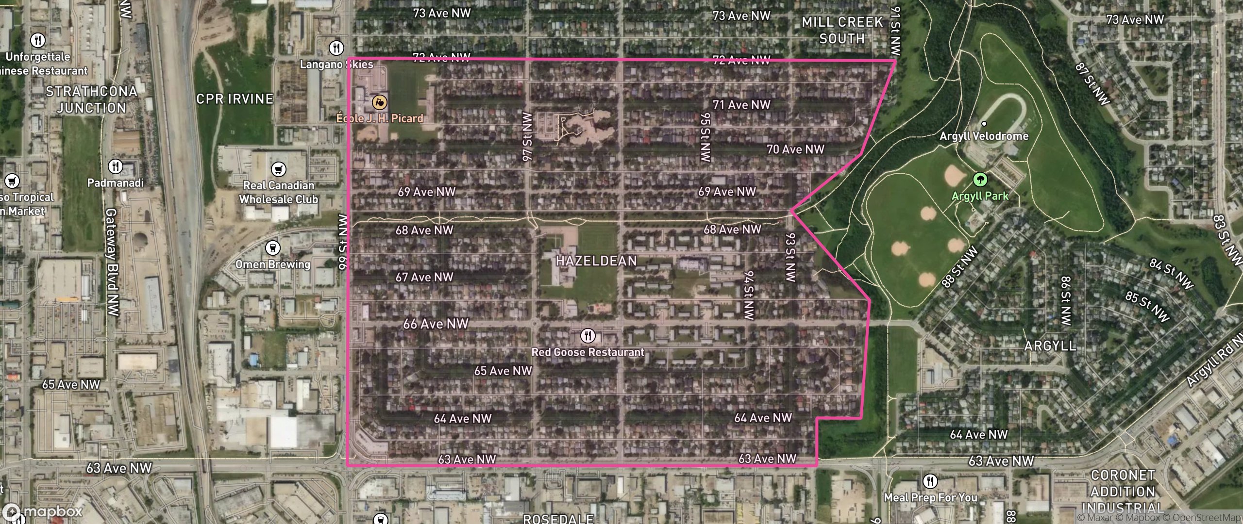 Map of Hazeldean, Edmonton showing the community boundary