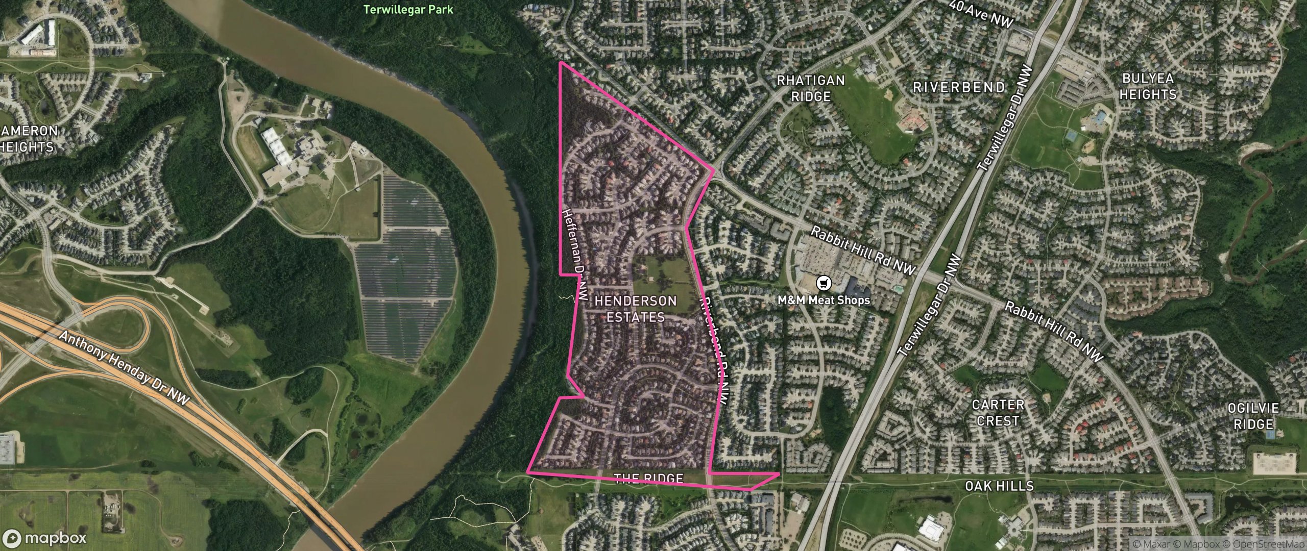 Map of Henderson Estates, Edmonton showing the community boundary