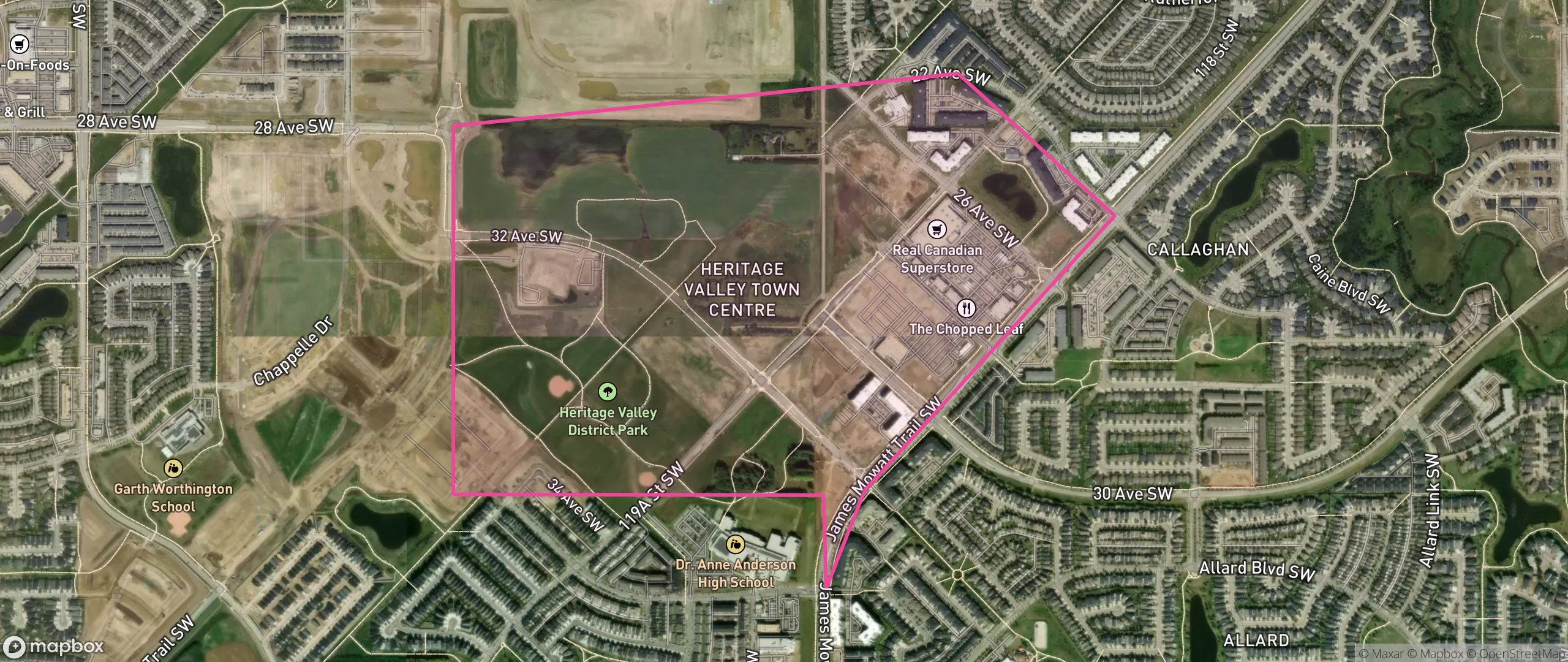 Map of Heritage Valley Town Centre Area, Edmonton showing the community boundary