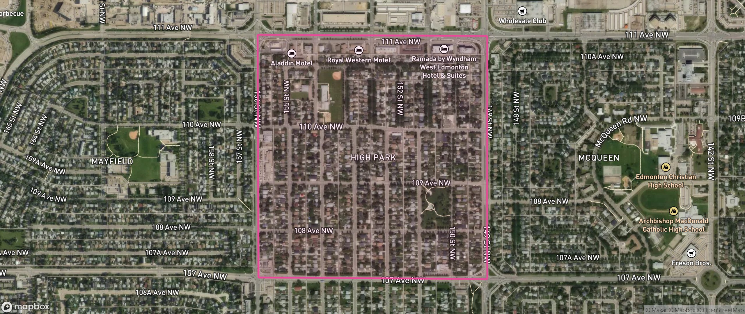 Map of High Park, Edmonton showing the community boundary