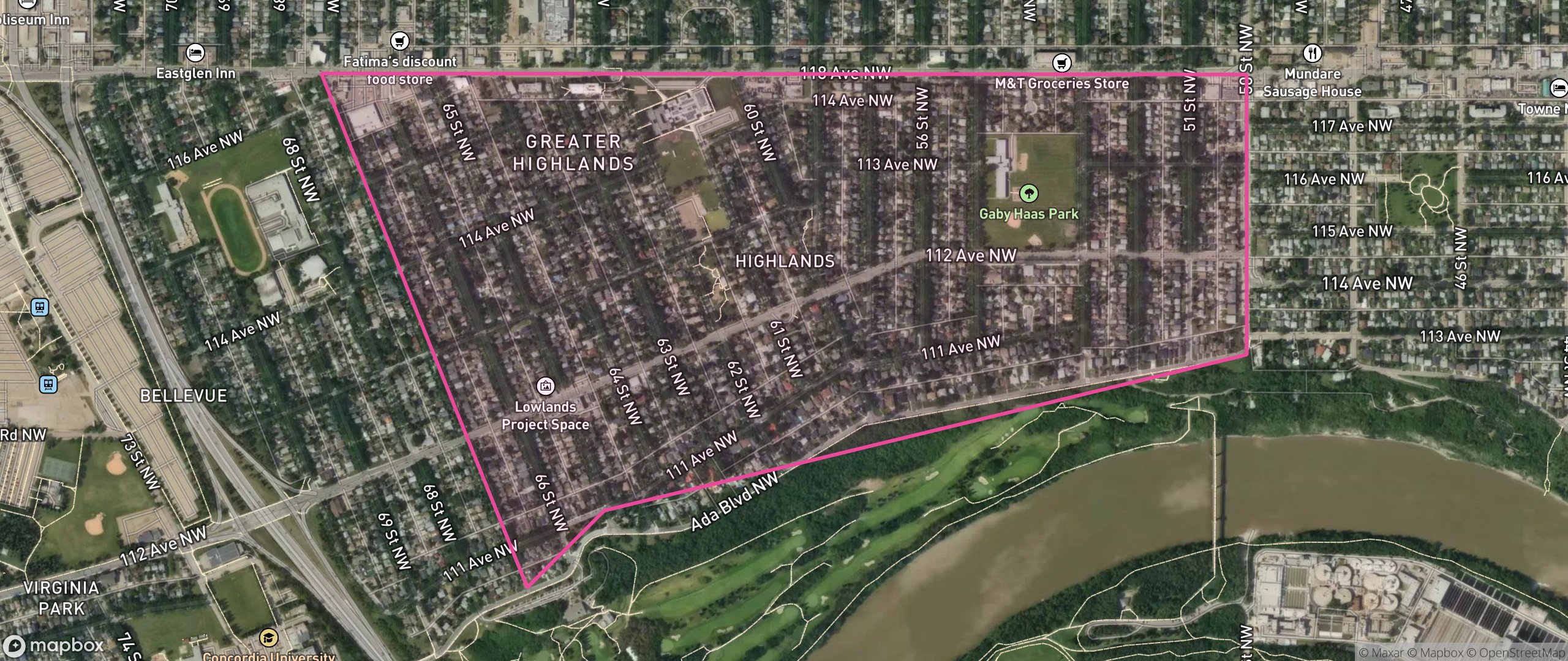 Map of Highlands, Edmonton showing the community boundary