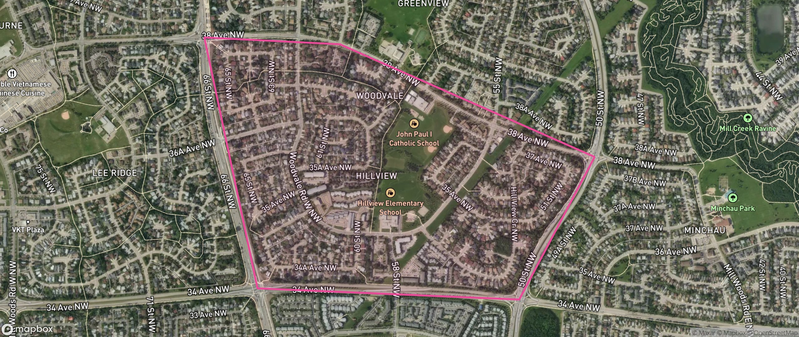 Map of Hillview, Edmonton showing the community boundary