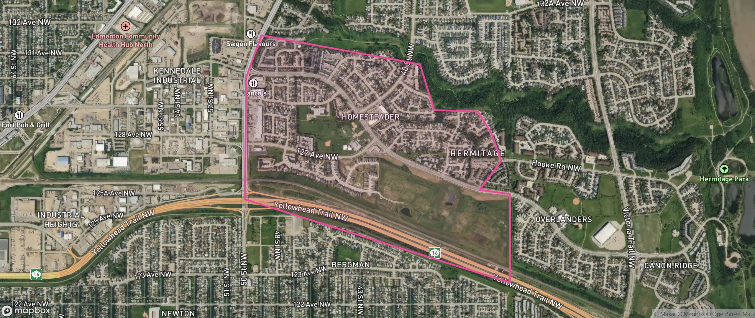 Map of Homesteader, Edmonton showing the community boundary