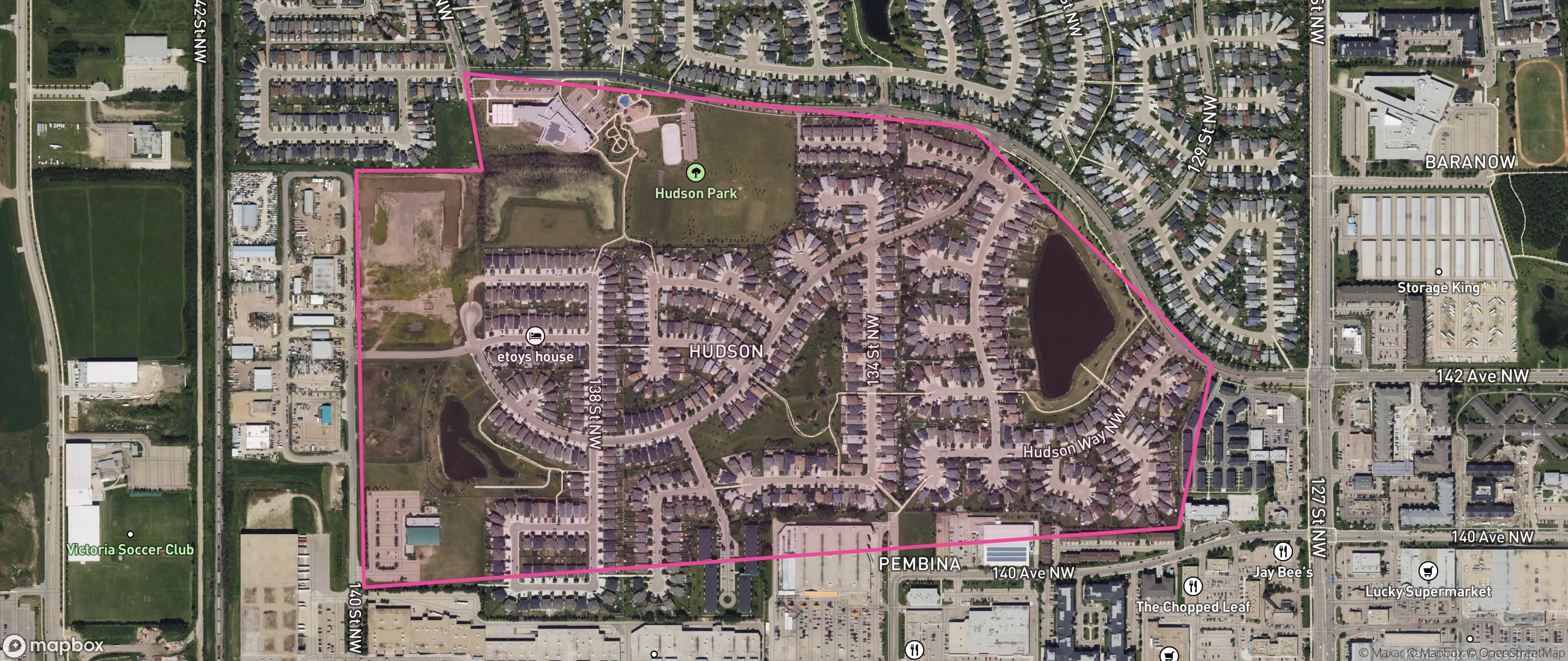 Map of Hudson, Edmonton showing the community boundary
