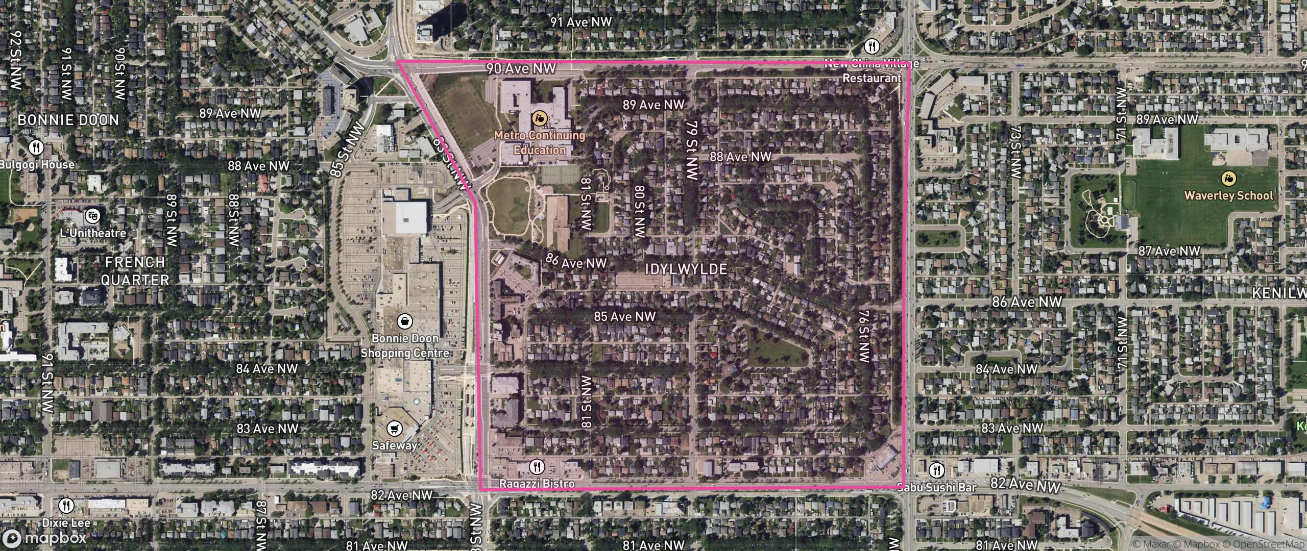 Map of Idylwylde, Edmonton showing the community boundary