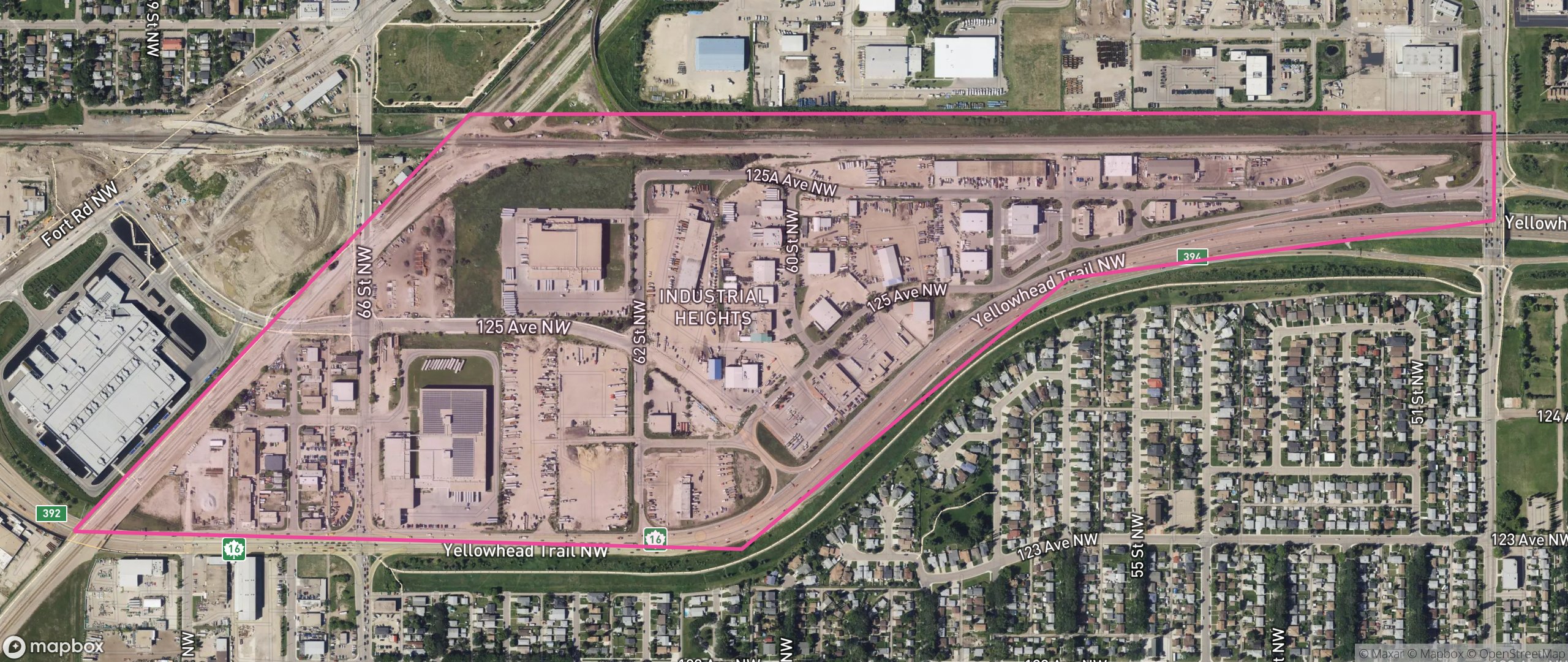 Map of Industrial Heights, Edmonton showing the community boundary