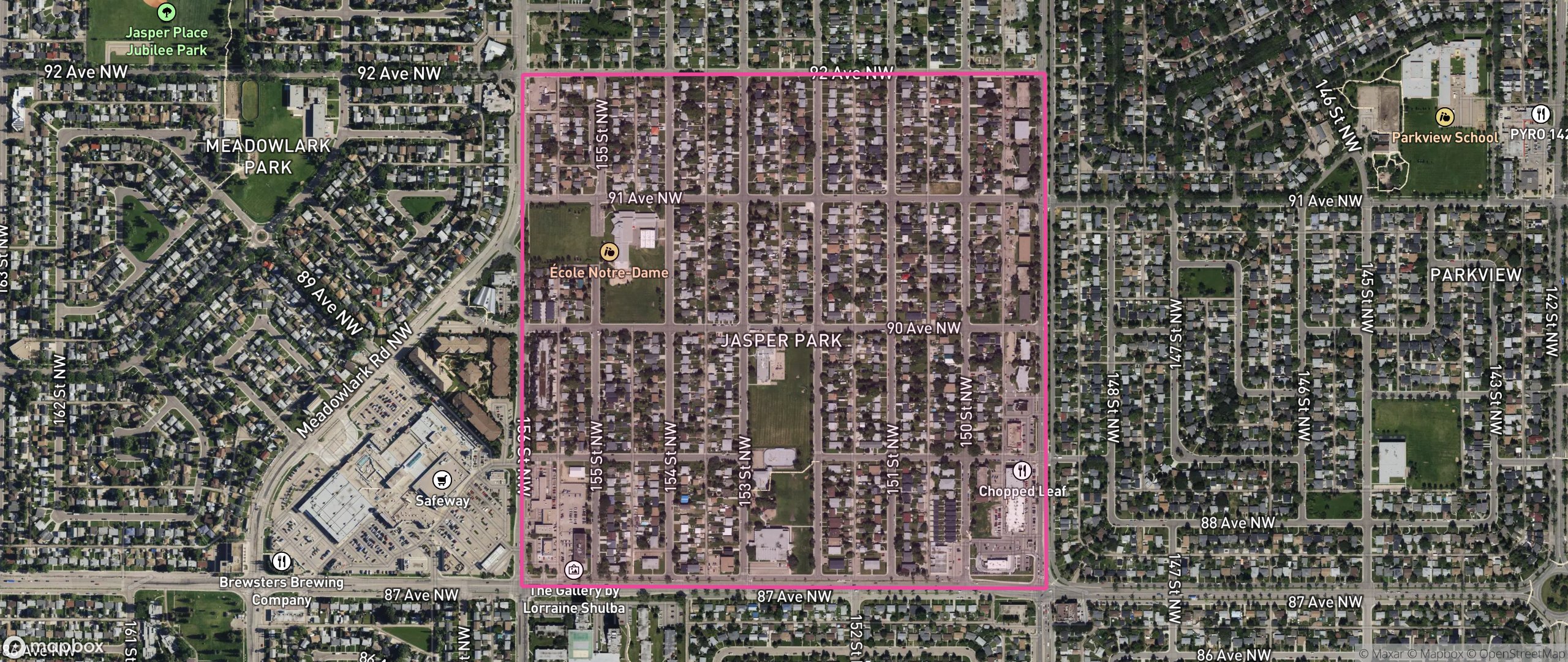 Map of Jasper Park, Edmonton showing the community boundary