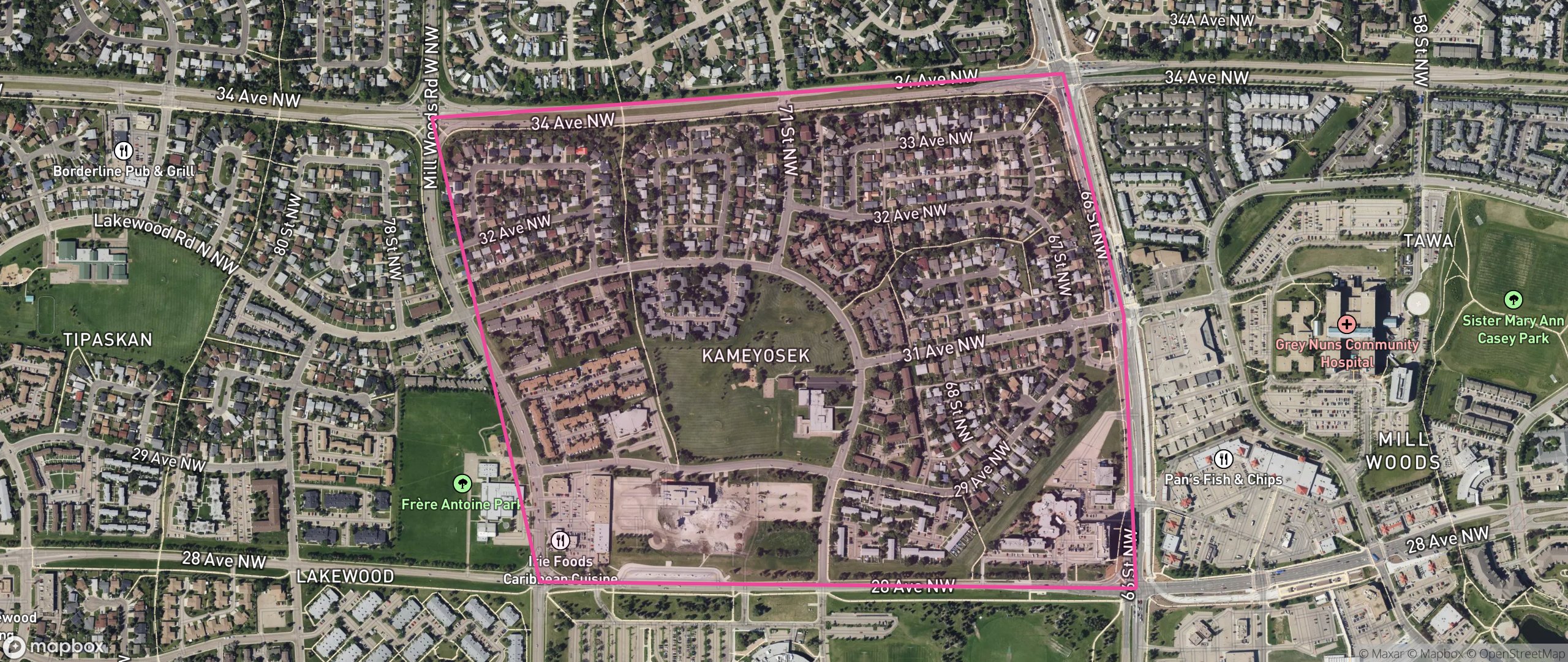 Map of Kameyosek, Edmonton showing the community boundary