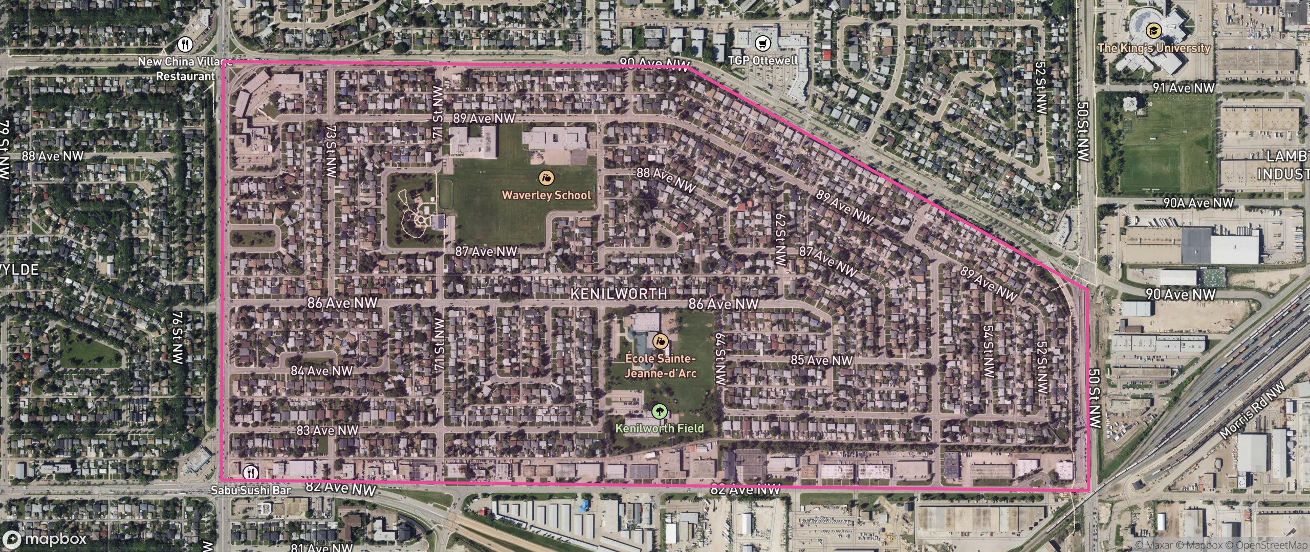 Map of Kenilworth, Edmonton showing the community boundary
