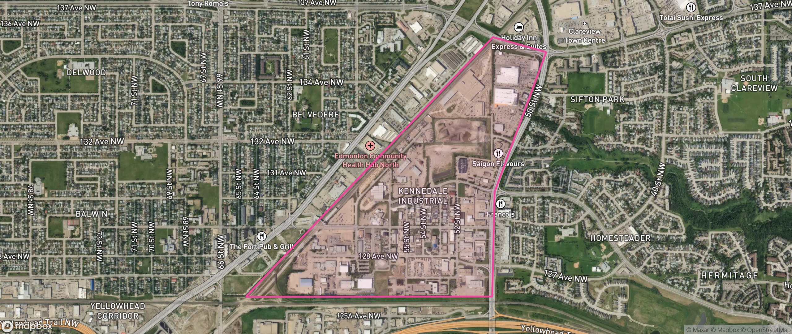 Map of Kennedale Industrial, Edmonton showing the community boundary