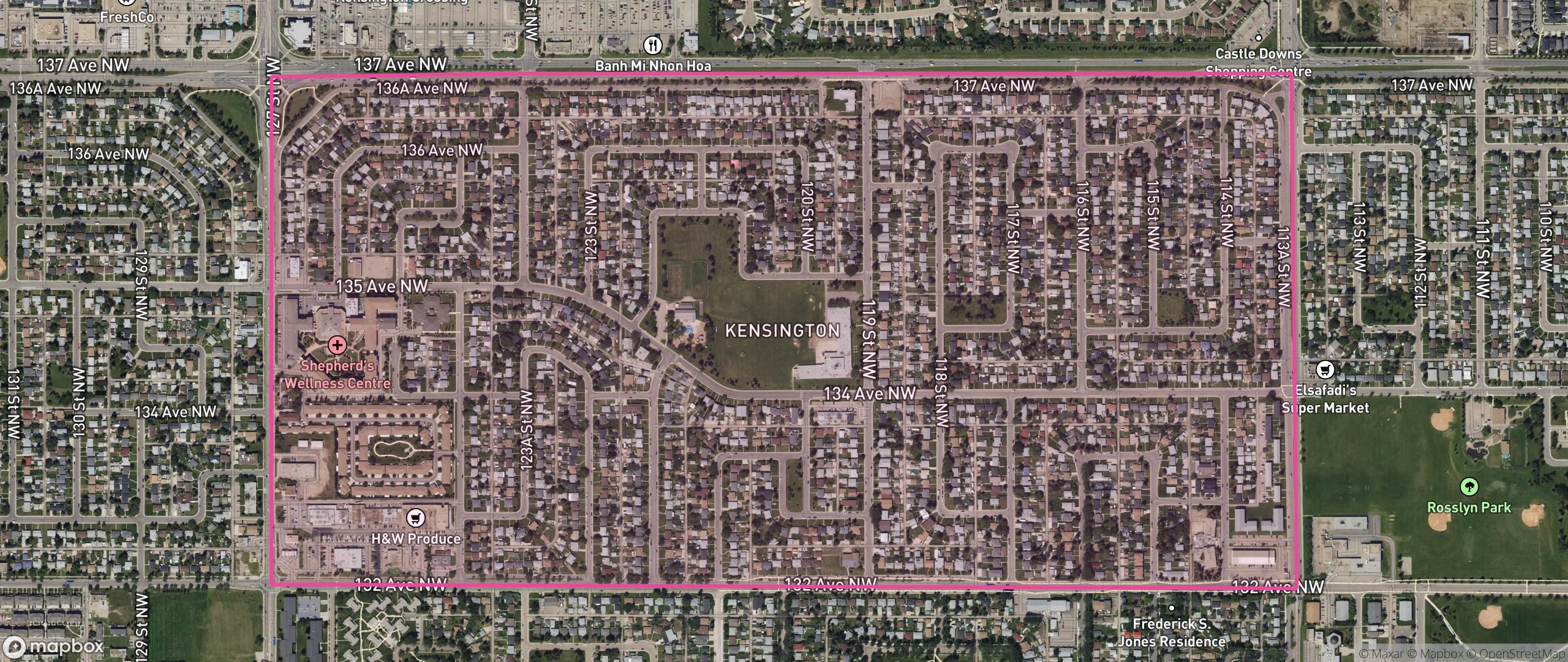 Map of Kensington, Edmonton showing the community boundary
