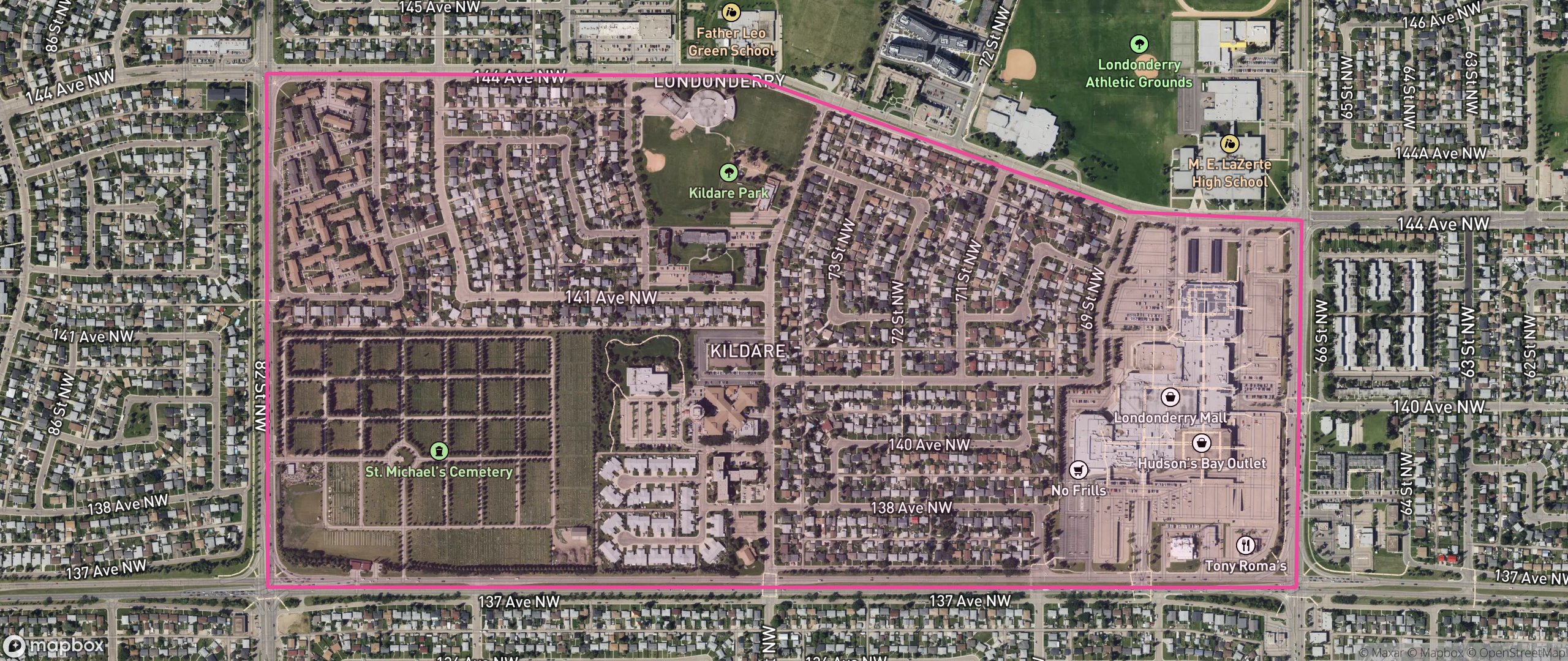Map of Kildare, Edmonton showing the community boundary