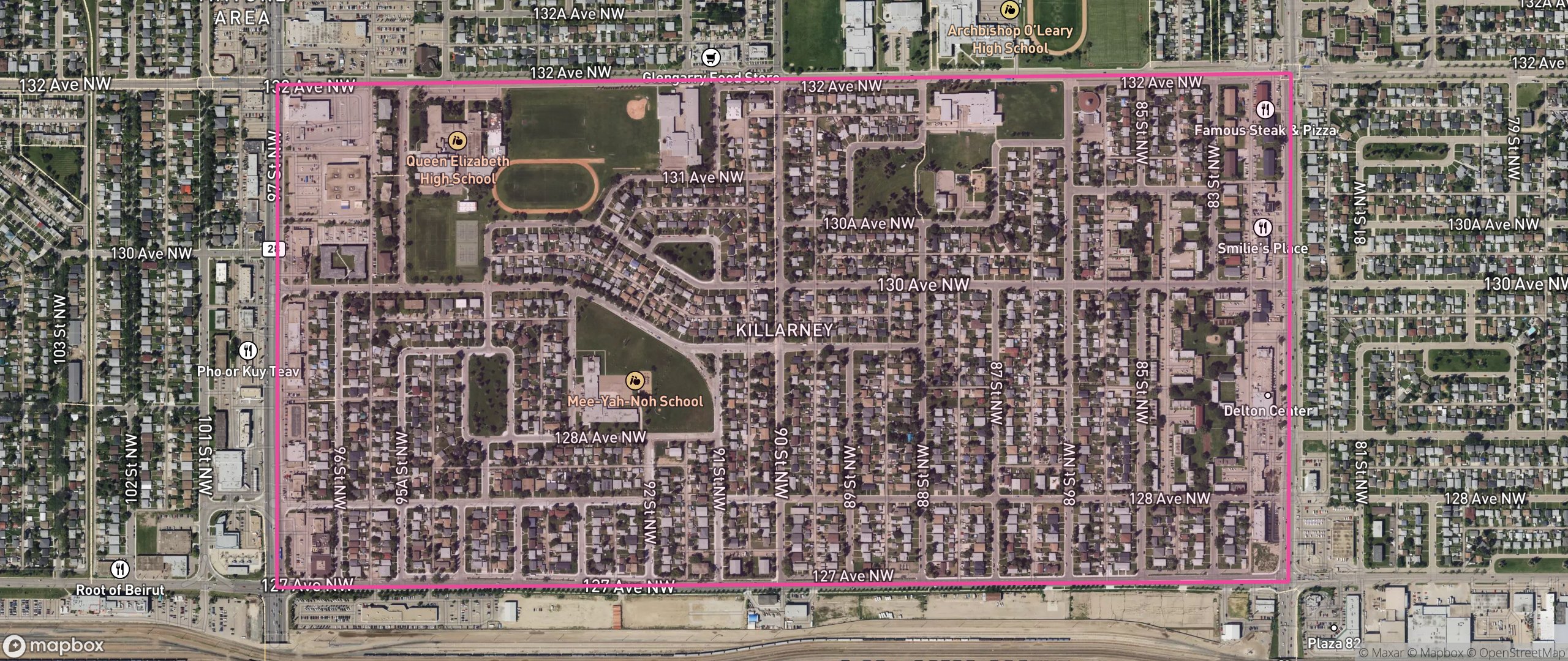 Map of Killarney, Edmonton showing the community boundary