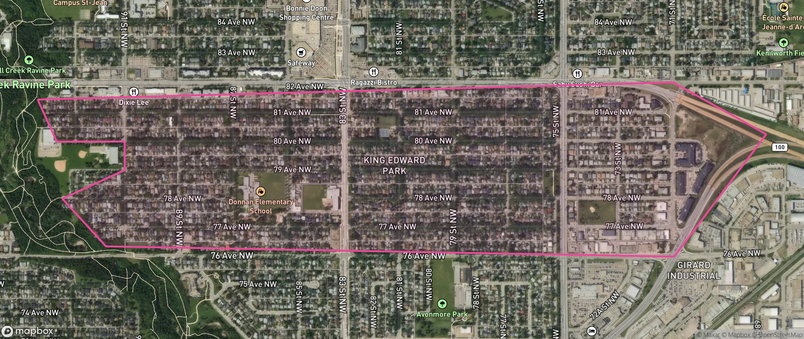 Map of King Edward Park, Edmonton showing the community boundary