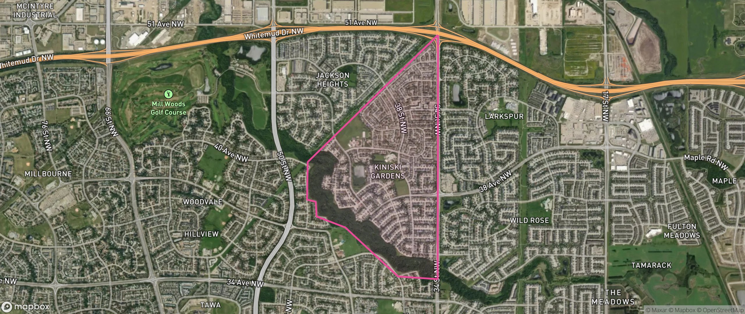 Map of Kiniski Gardens, Edmonton showing the community boundary