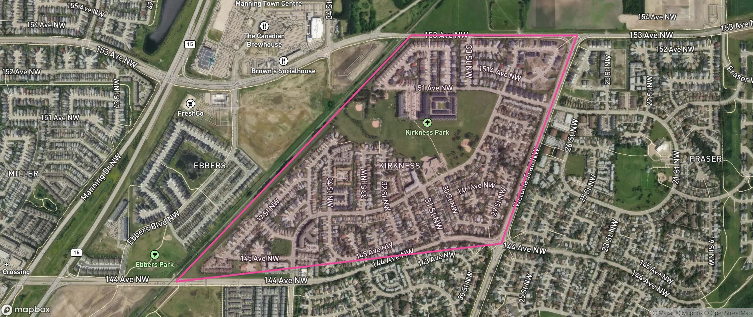 Map of Kirkness, Edmonton showing the community boundary