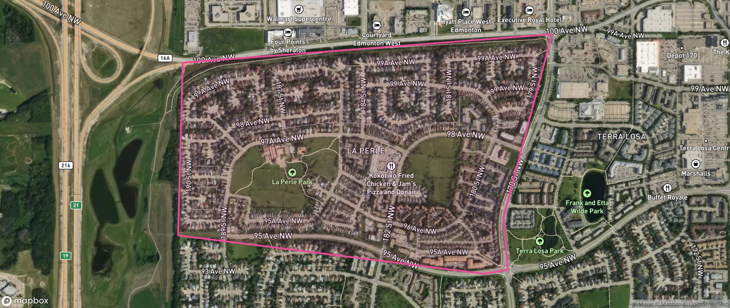 Map of La Perle, Edmonton showing the community boundary