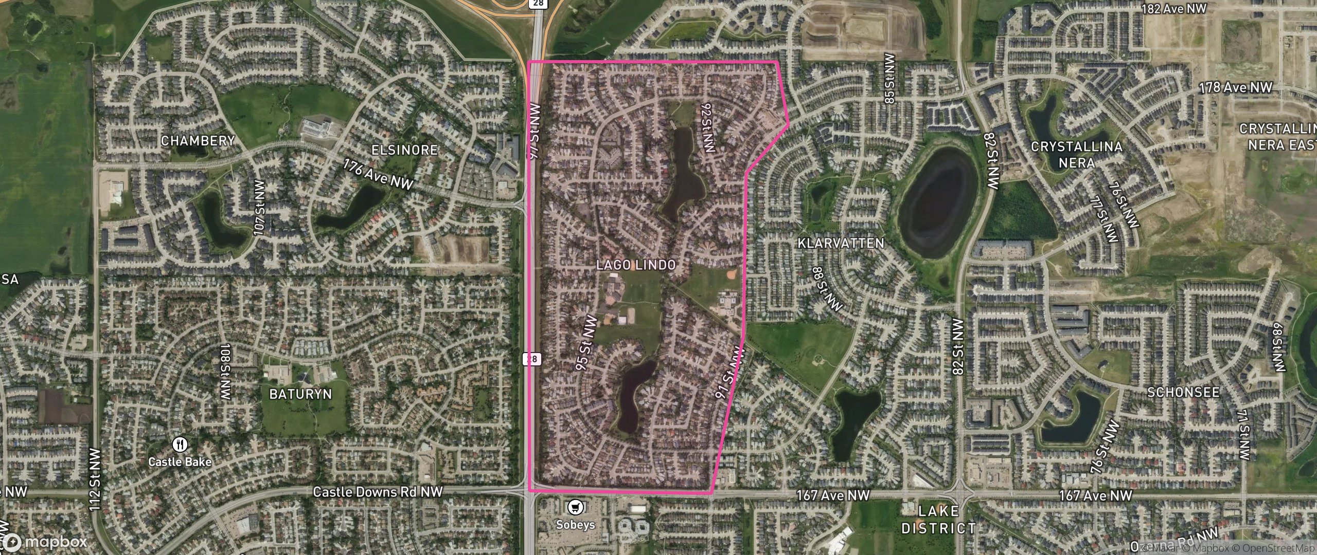 Map of Lago Lindo, Edmonton showing the community boundary