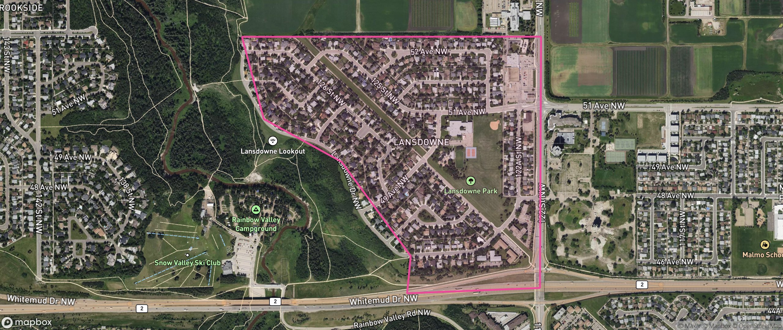 Map of Lansdowne, Edmonton showing the community boundary