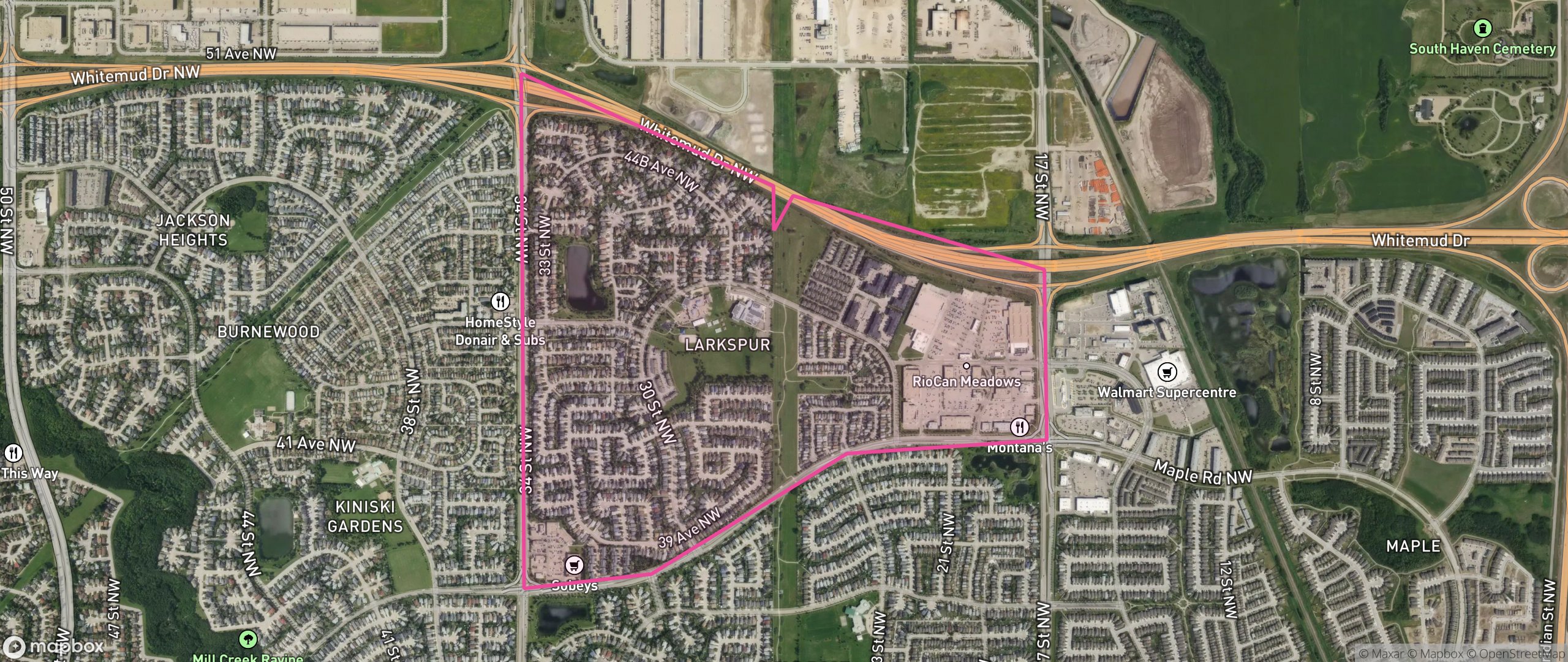 Map of Larkspur, Edmonton showing the community boundary