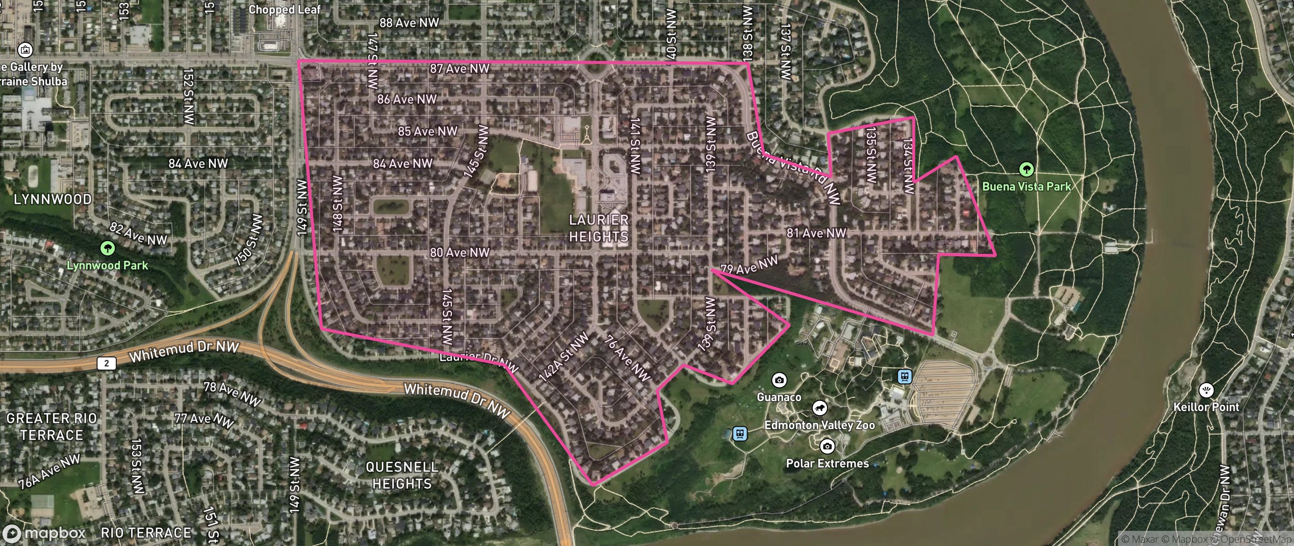 Map of Laurier Heights, Edmonton showing the community boundary