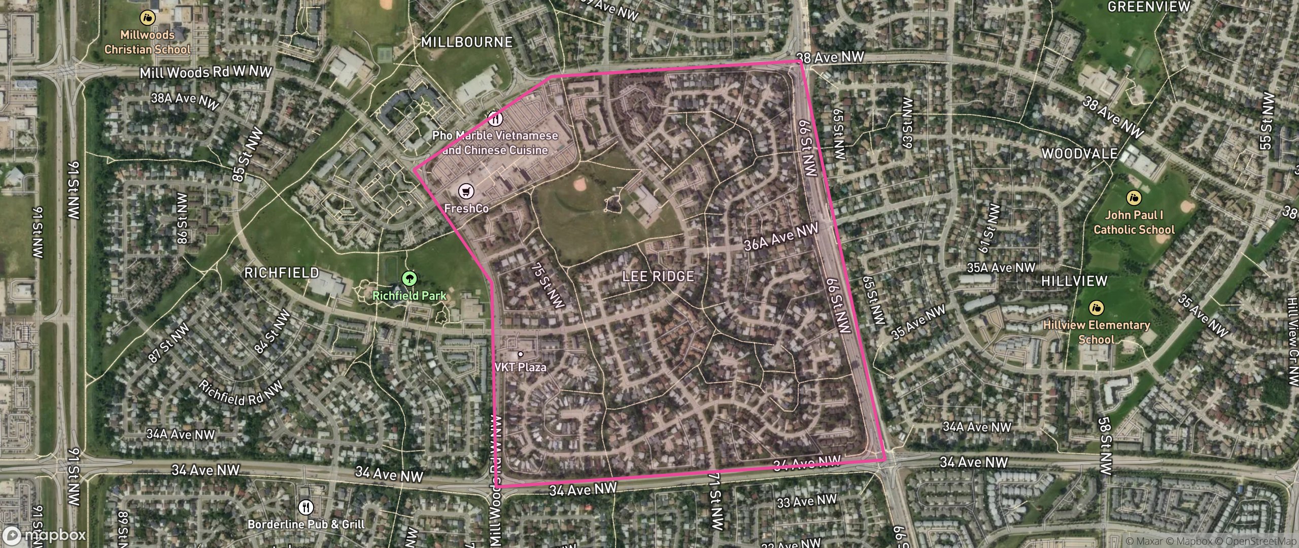Map of Lee Ridge, Edmonton showing the community boundary