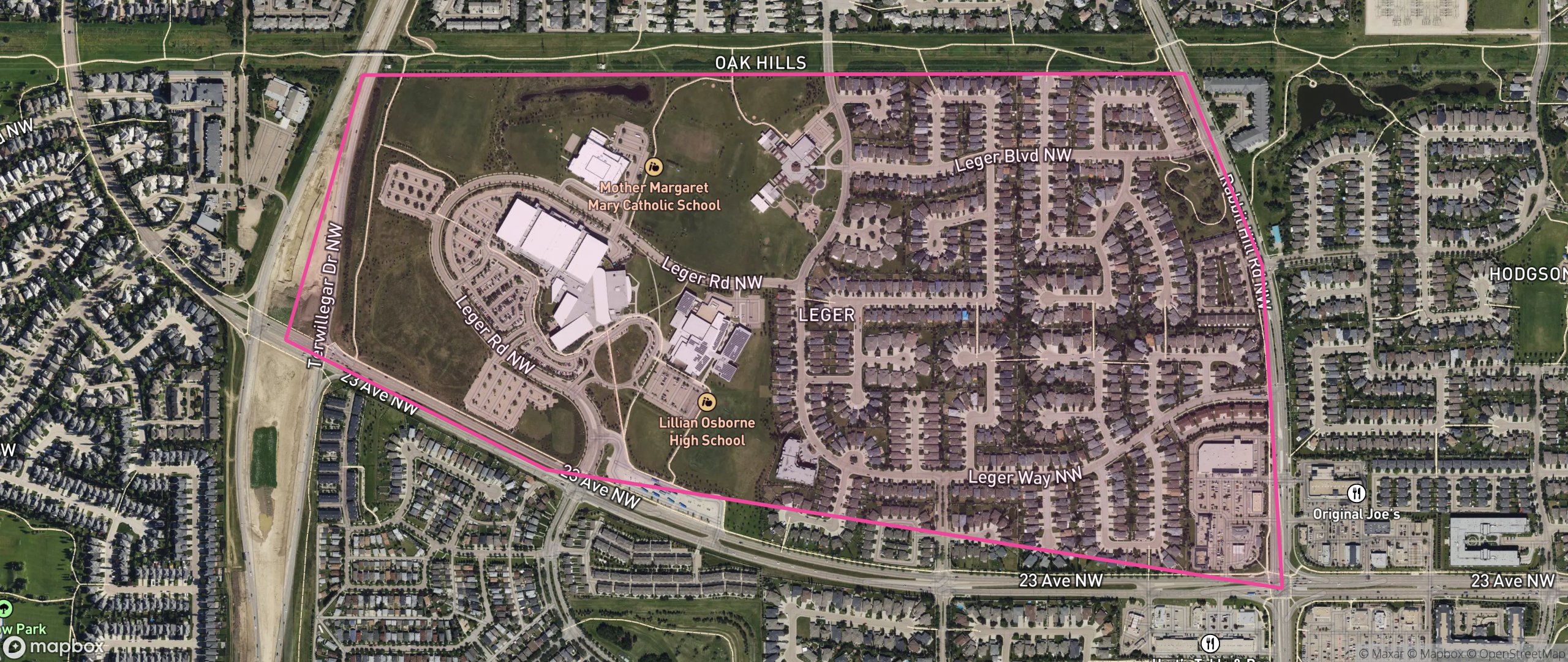 Map of Leger, Edmonton showing the community boundary