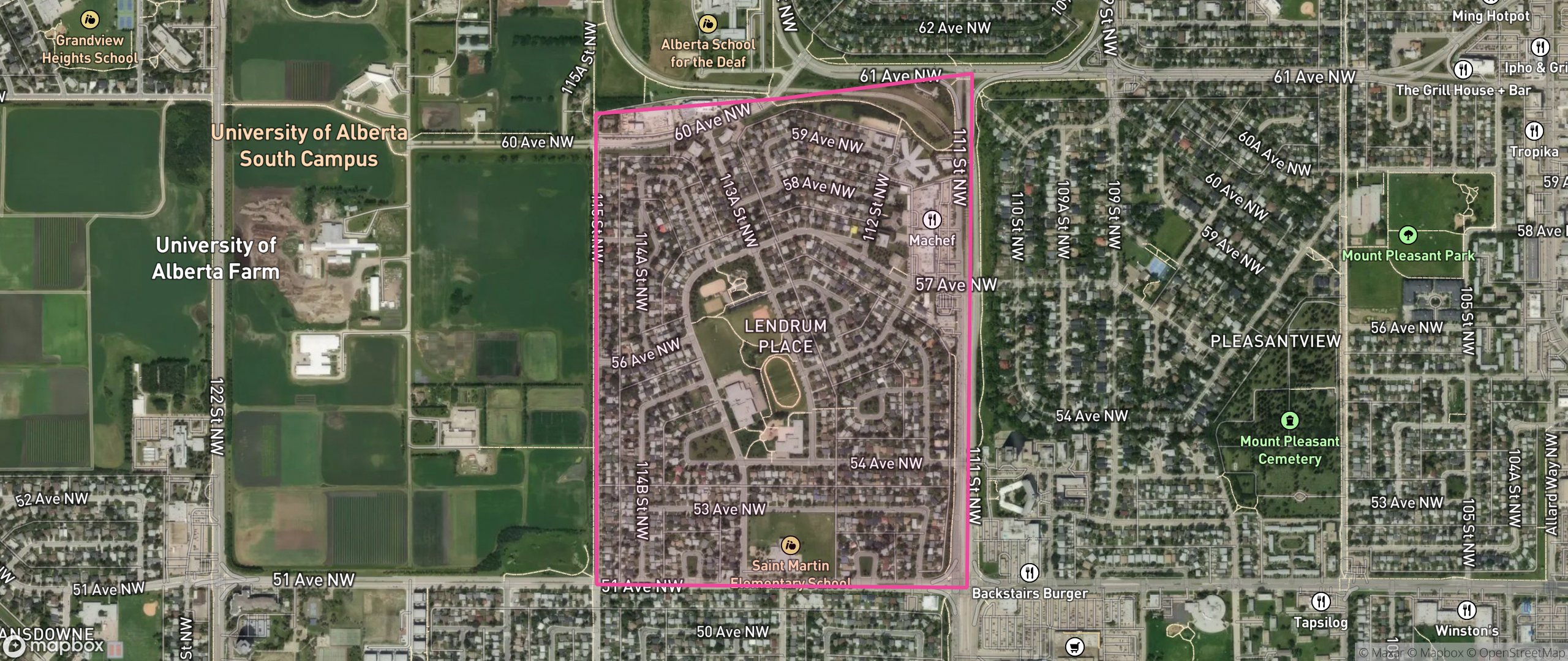 Map of Lendrum Place, Edmonton showing the community boundary