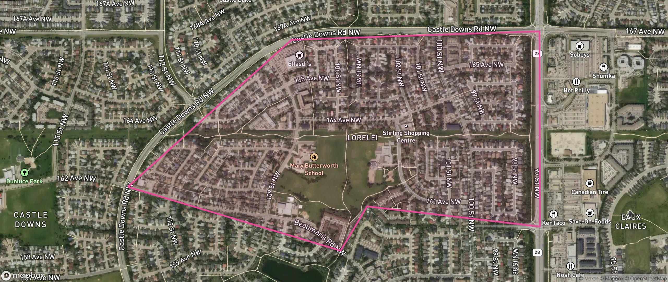 Map of Lorelei, Edmonton showing the community boundary