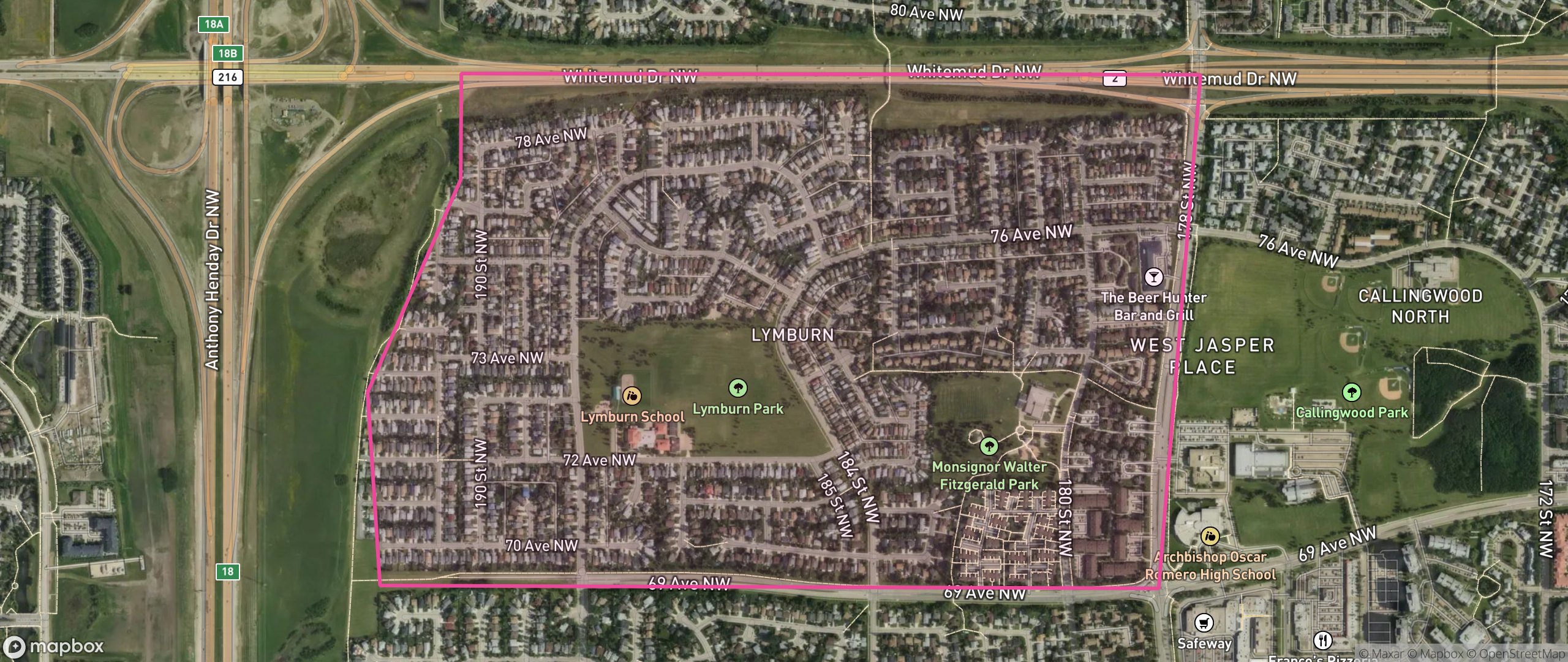 Map of Lymburn, Edmonton showing the community boundary