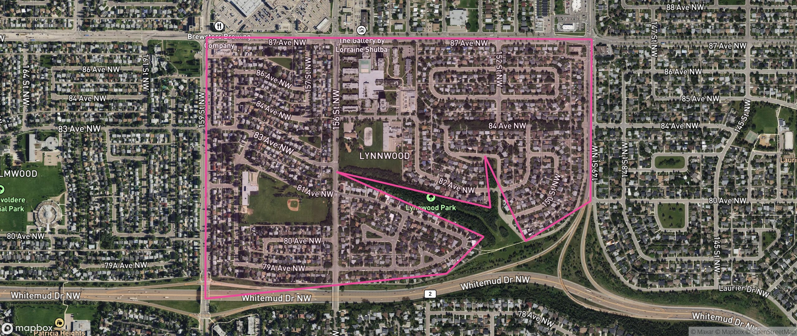 Map of Lynnwood, Edmonton showing the community boundary