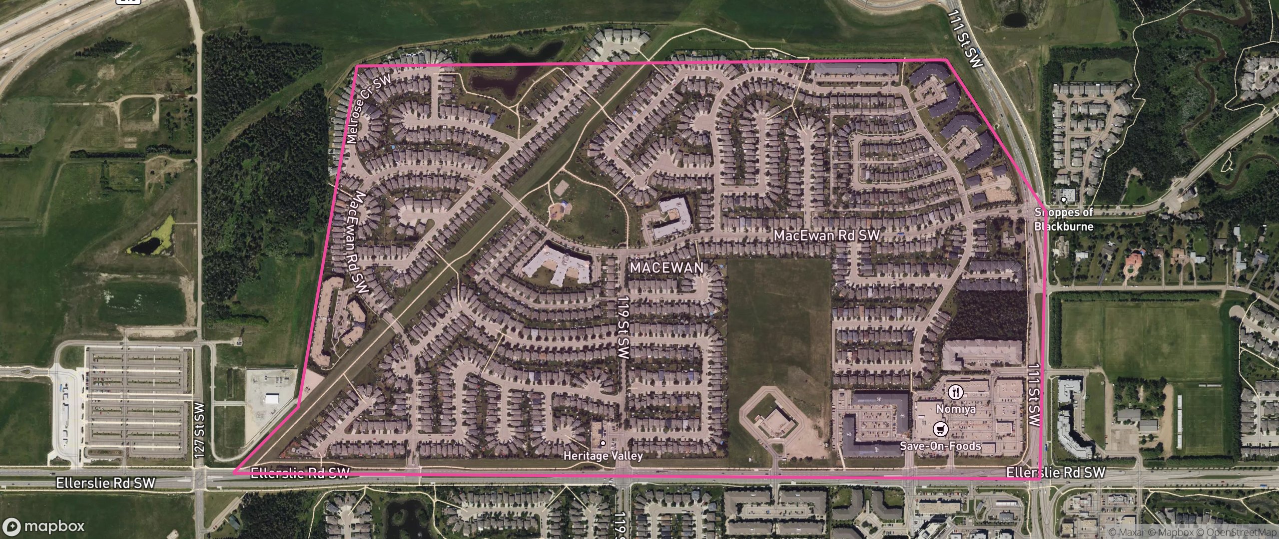 Map of MacEwan, Edmonton showing the community boundary