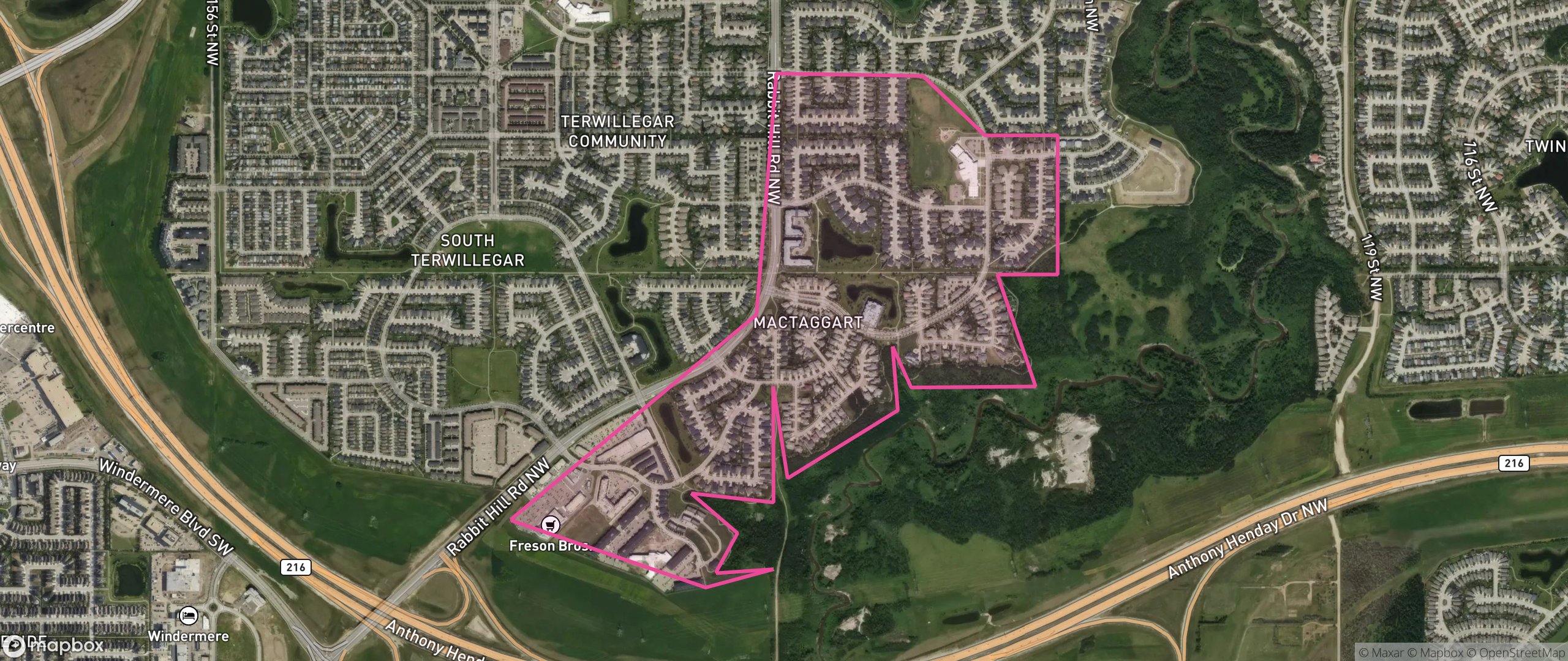 Map of Mactaggart, Edmonton showing the community boundary