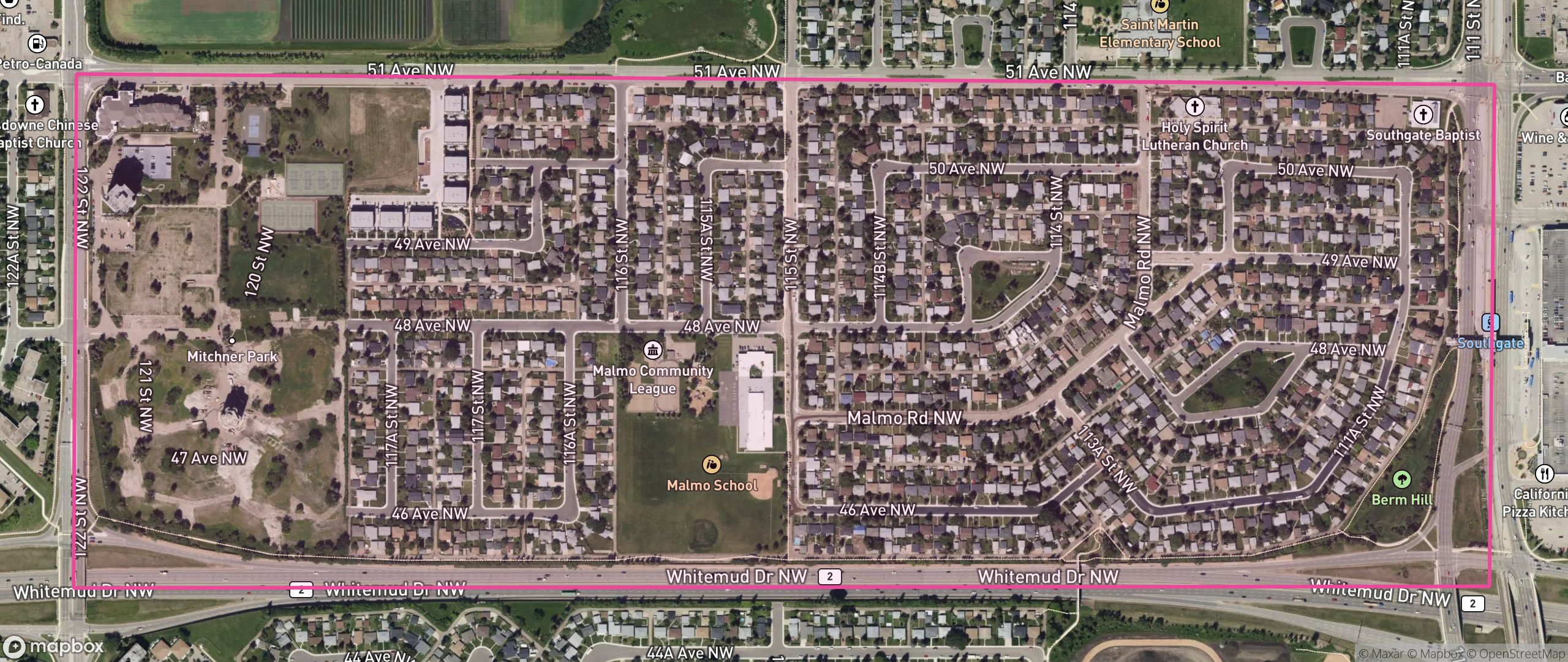 Map of Malmo Plains, Edmonton showing the community boundary