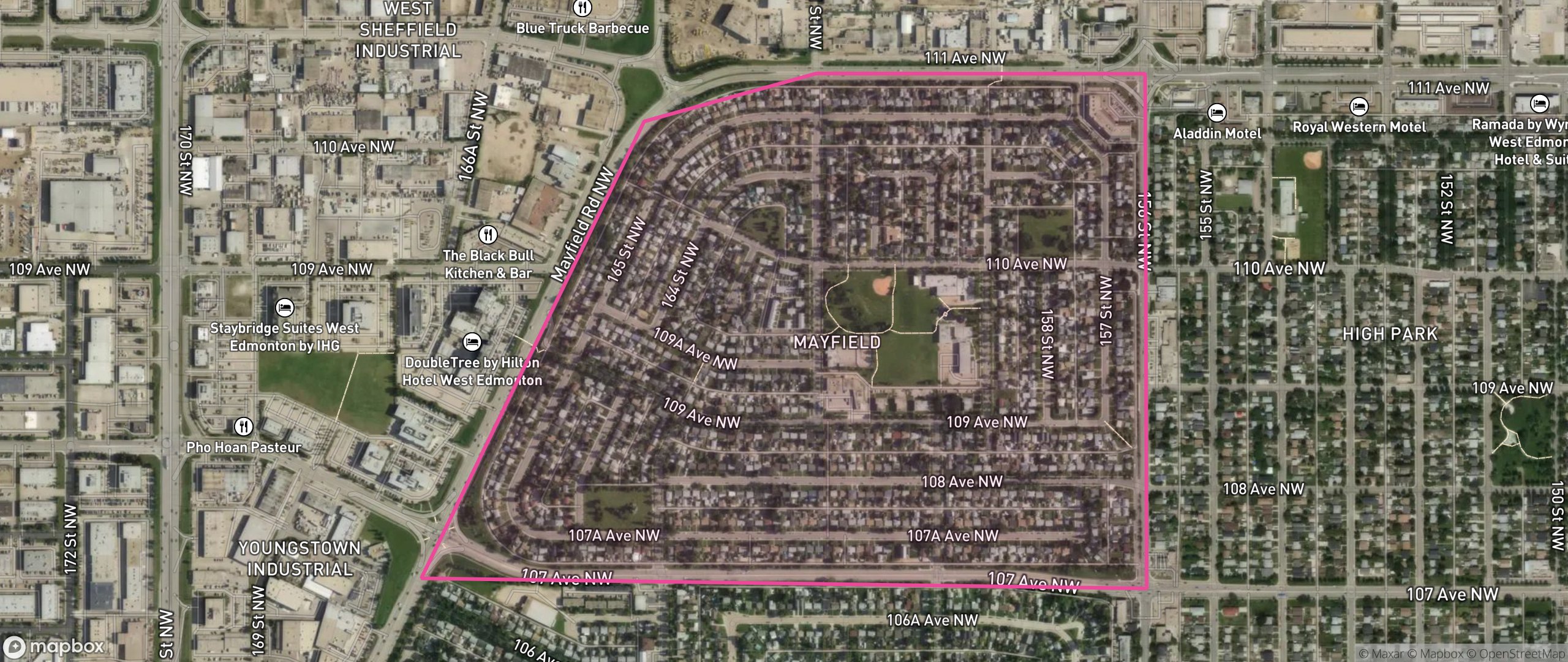Map of Mayfield, Edmonton showing the community boundary