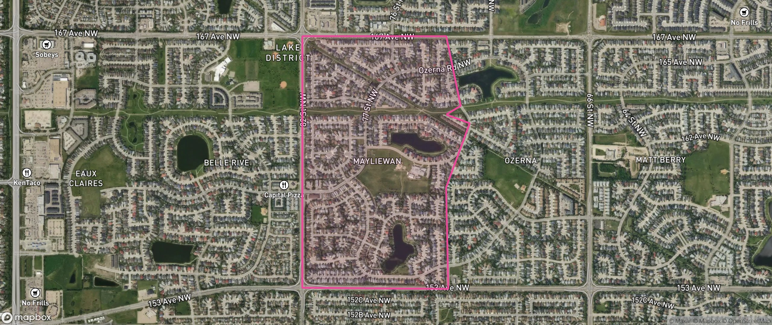 Map of Mayliewan, Edmonton showing the community boundary