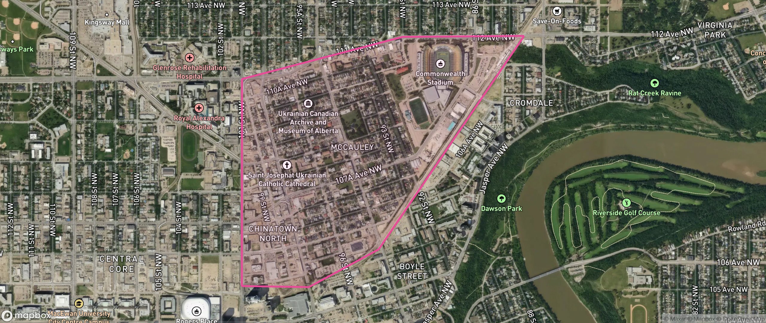 Map of McCauley, Edmonton showing the community boundary