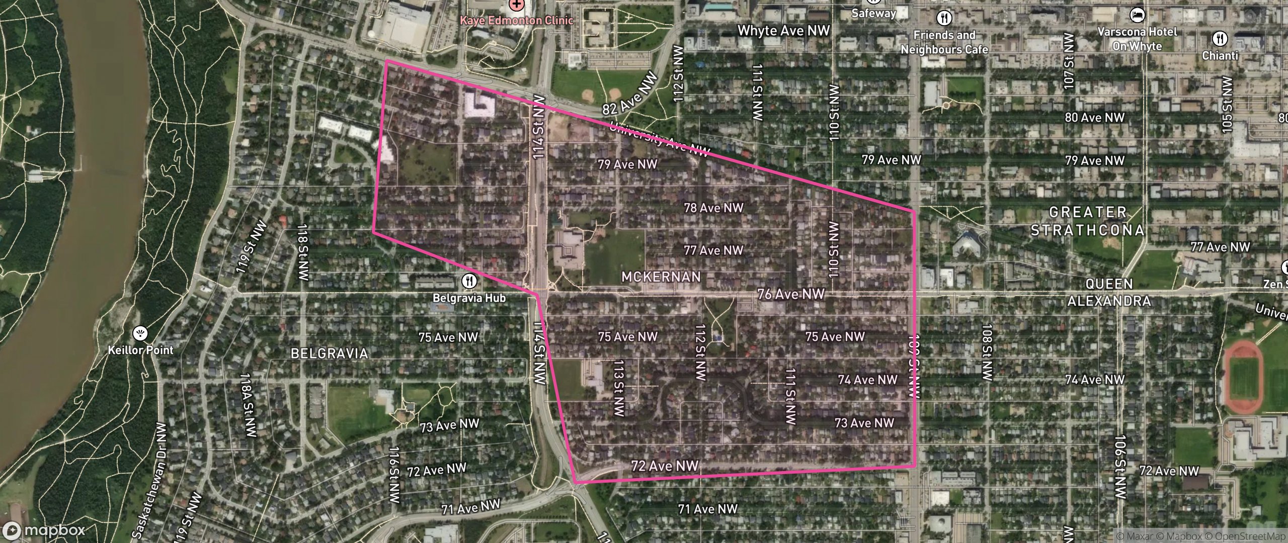 Map of McKernan, Edmonton showing the community boundary